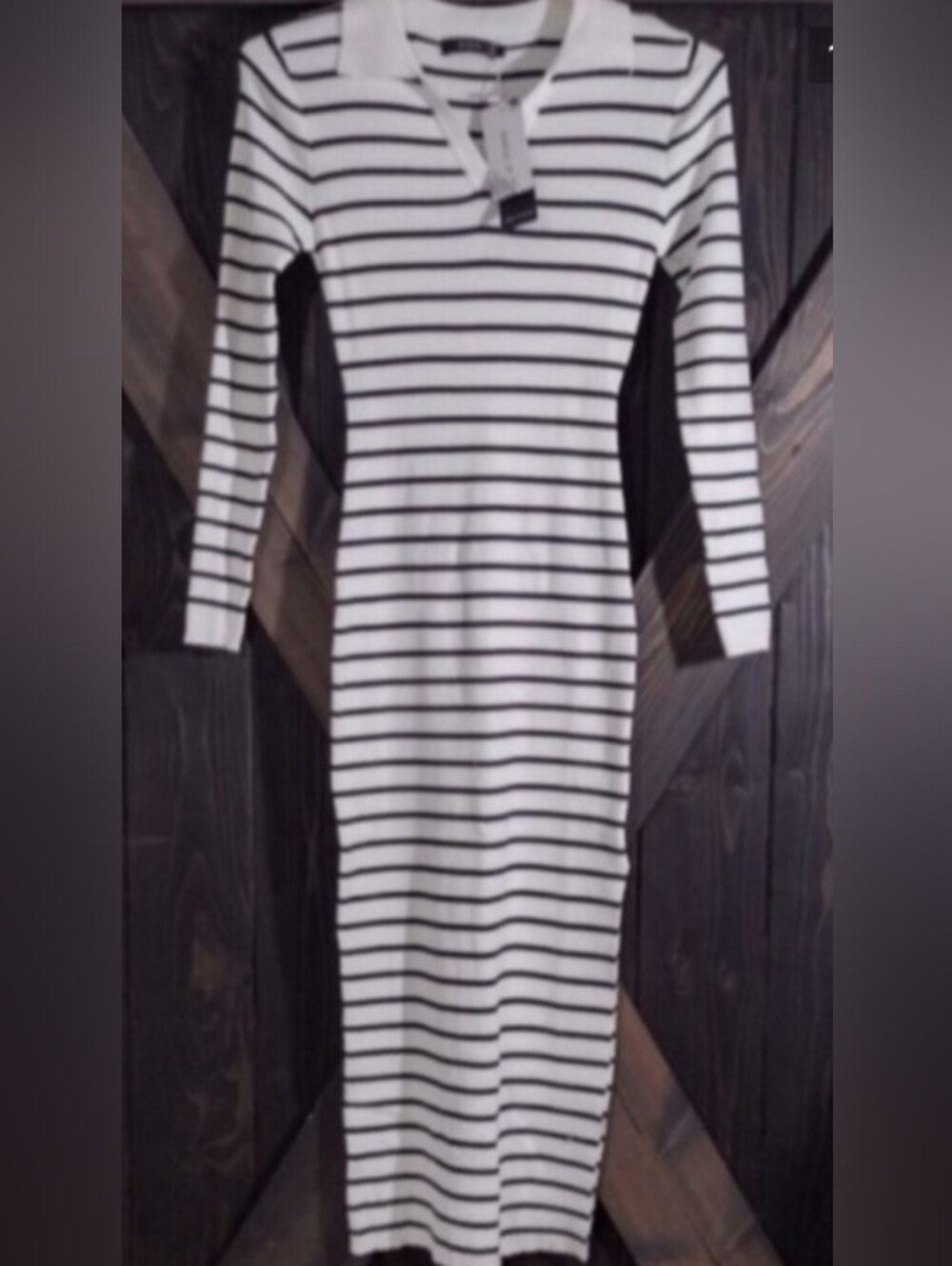 Striped Long Sleeve Polo Midi Dress - White/Black Athleisure Luxe Sporty Rich